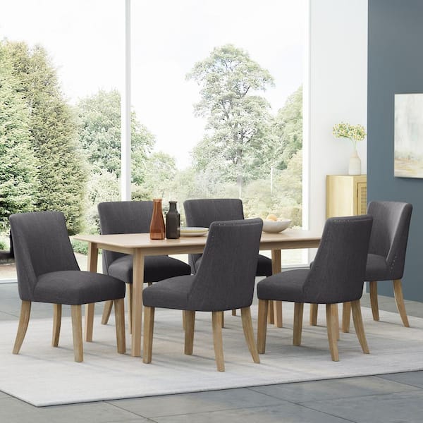 Vaughn Charcoal and Natural Fabric Upholstered Dining Chairs with Solid Wood Legs, (Set of 6)