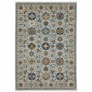 Blue Beige Grey Green Yellow and Rust 3 ft. x 5 ft. Oriental Power Loom Stain Resistant Fringe with Area Rug