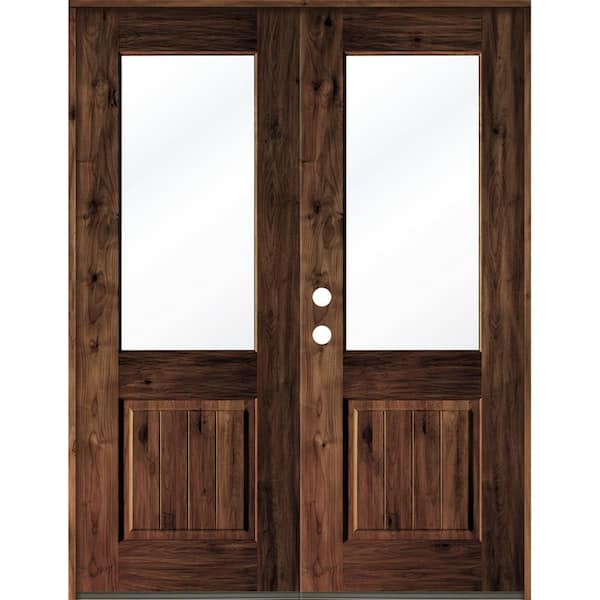 Krosswood Doors 72 in. x 96 in. Rustic Knotty Alder Wood Clear Half-Lite red mahogony Stain/VG Right Active Double Prehung Front Door