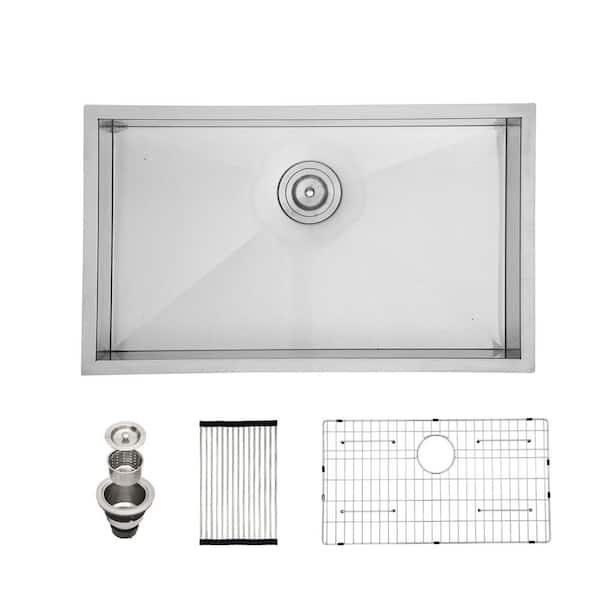 Unbranded 33 in. Undermount Single Bowl 18-Gauge Brushed Nickel Stainless Steel Right Corners Kitchen Sink with Strainer