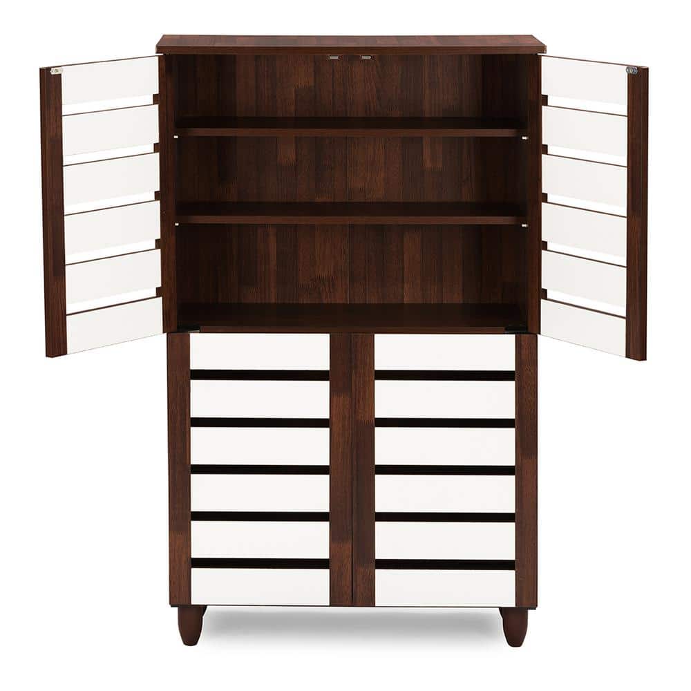 Gisela Tall Dark Oak and White Wood Shoe Cabinet with 4 Doors
