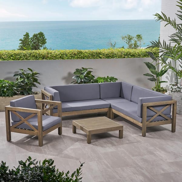 Noble House Brava Grey 5-Piece Wood Outdoor Patio Conversation Sectional Seating Set with Dark Grey Cushions