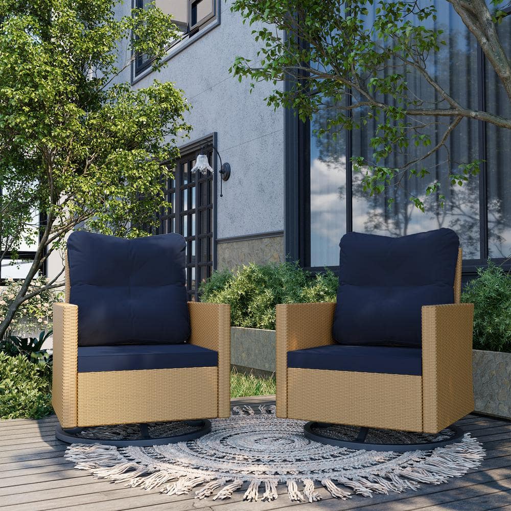 UPHA 2-Piece Wicker Outdoor Rocking Chair Patio Swivel Chair with Navy Blue Cushions