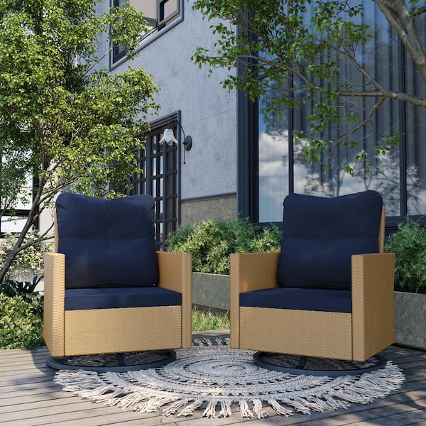 UPHA 2-Piece Wicker Outdoor Rocking Chair Patio Swivel Chair with Navy Blue Cushions