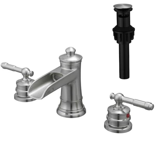 2-Handle 8 in. Widespread Bathroom Sink Faucet with Pop Up Drain and Hose, Brushed Nickel