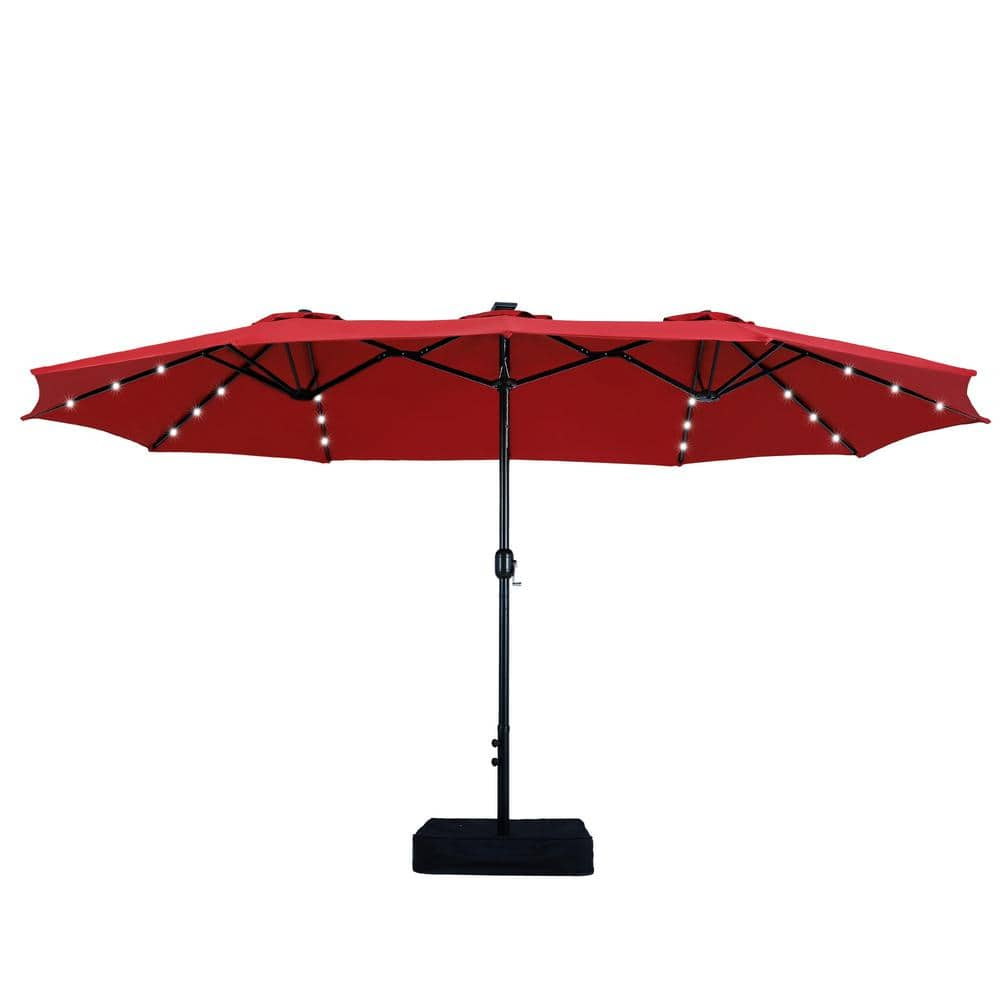 PHI VILLA 15 ft. Market Patio Umbrella With Lights Base and Sandbags in Red THDE02GM018R The