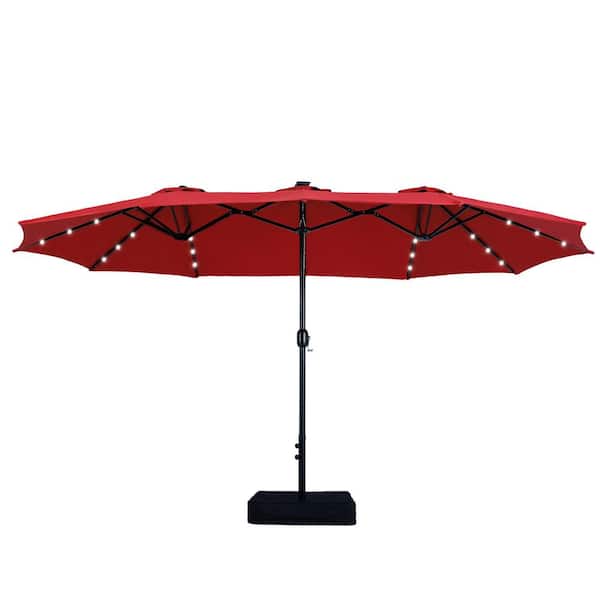 PHI VILLA 15 ft. Market Patio Umbrella With Lights Base and Sandbags in Red