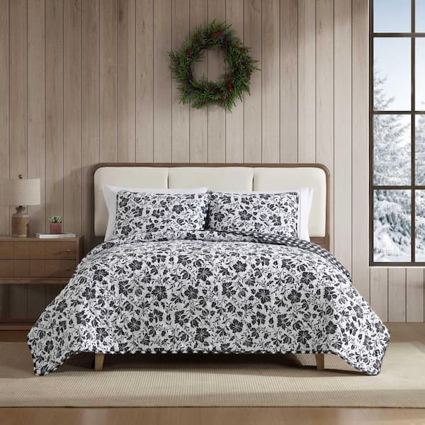 Woodblock Floral 3-Piece White/Black Flannel Cotton King Quilt Set