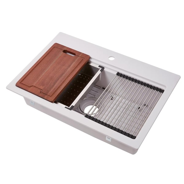 CMI Rustin White Granite 33in Single Bowl Drop-In Workstation with Accessories