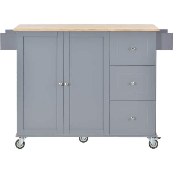 JimsMaison Grey Blue Solid Wood Kitchen Cart with Cabinets