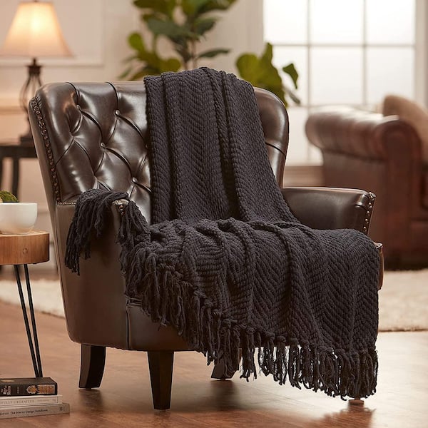 CHANASYA Textured Knit Black Acrylic Polyester Throw Blanket with Tassels - 50 in. x 65 in.