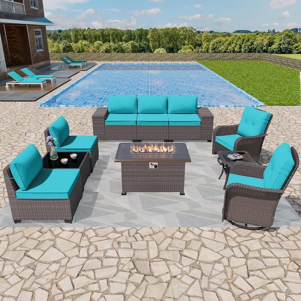 10-Piece Wicker Outdoor Patio Conversation Set with 55000 BTU Propane Fire Pit Table and Swivel Rocking Chairs, Blue