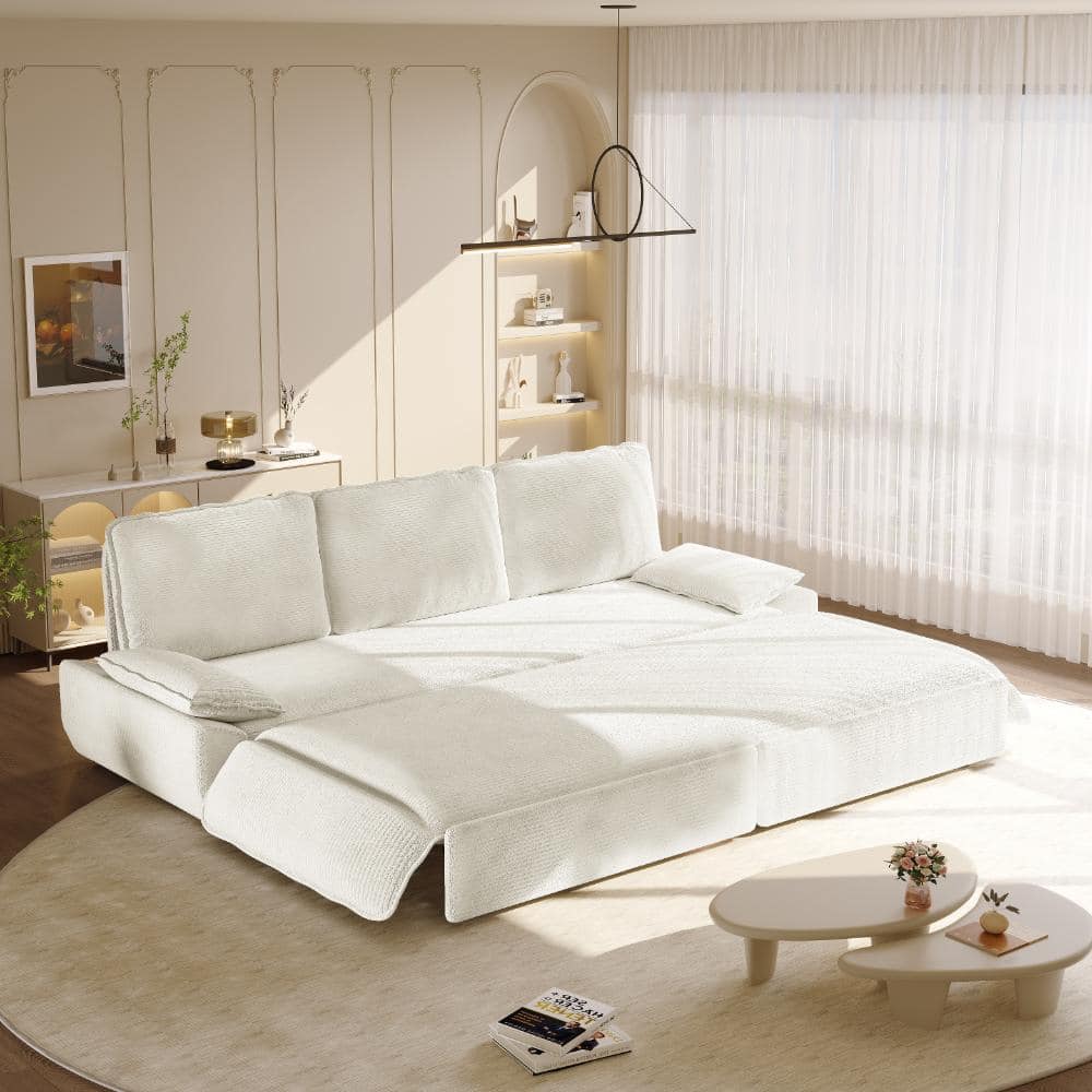 White 94.5 in. King Size Corduroy 3-in-1 Convertible Pull Out Sofa Bed