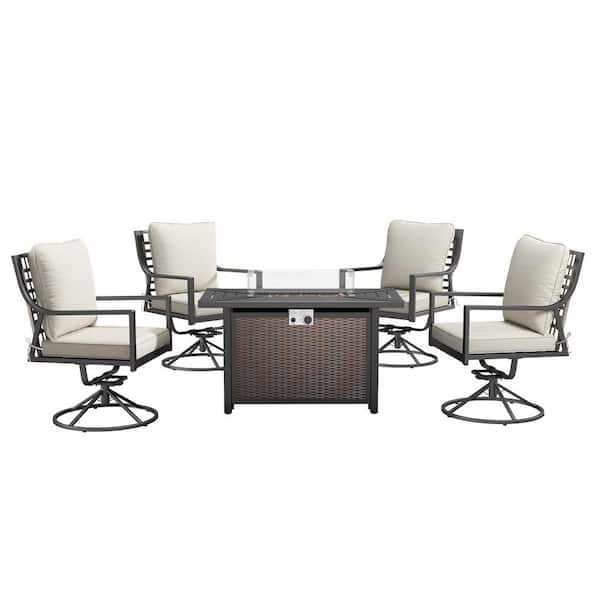 Kelsey Beige 5-Piece Gray Wicker Patio Conversation Set with Outdoor Swivel Chairs and Rectangle Fire Pit