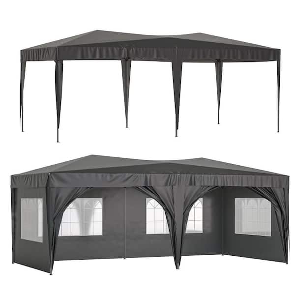 ToolCat 10 ft. x 20 ft. EZ Pop Up Canopy Outdoor Portable Party Folding Tent with 6 Removable Sidewalls and Carry Bag, Black