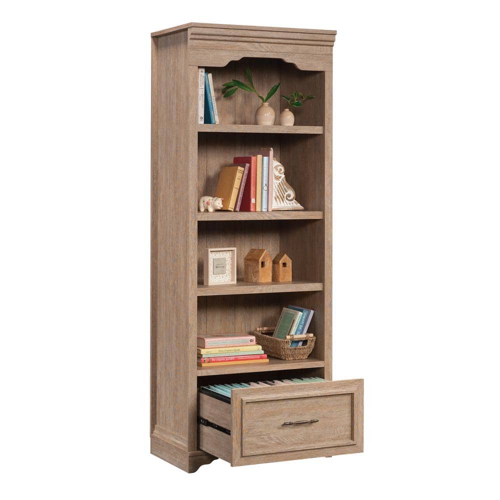 Brushed Oak Adjustable 4-Shelf Bookcase with Drawer