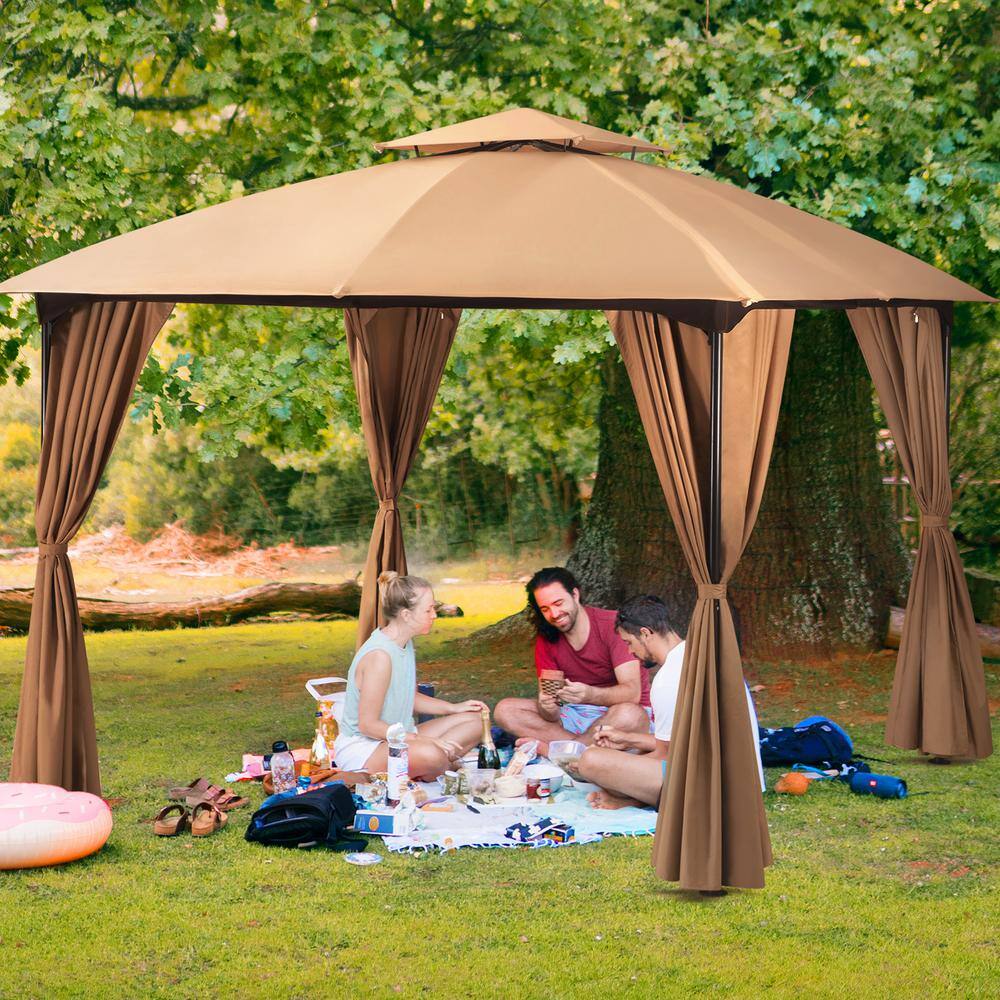 10x10 Khaki Steel Patio Gazebo with Privacy Curtains