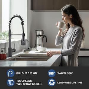 Touchless Single-Handle Pull Down Sprayer Spring Kitchen Faucet with Deckplate Pull Out Sink Faucet in Matte Black