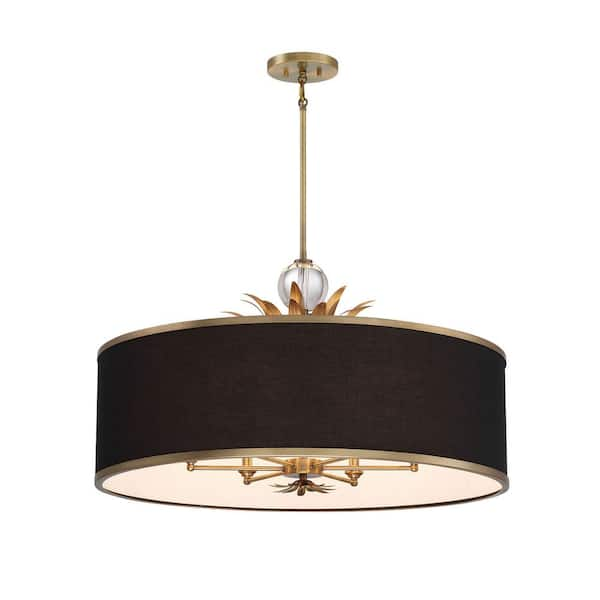 Caprio 60-Watt 6-Light Natural Brushed Brass Drum Pendant Light with Onyx Fabric Shade