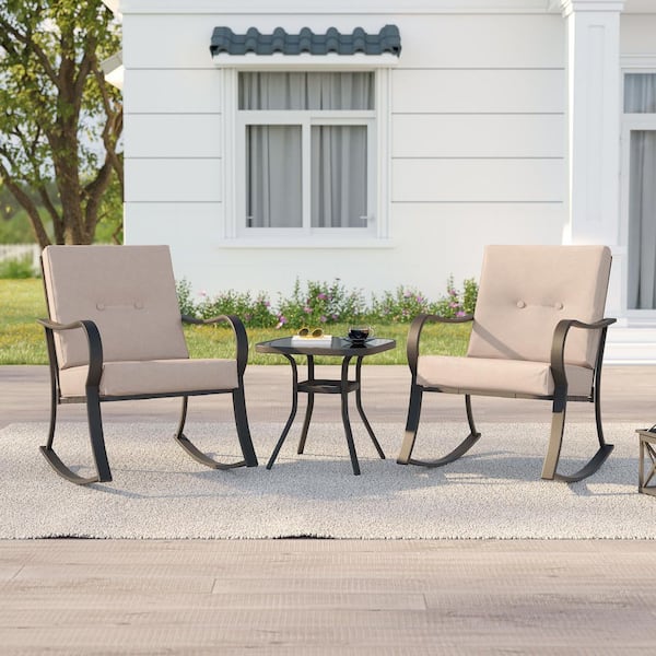 3-Piece Metal Frame Outdoor Bistro Set with 2 Rocking Lounge Chairs, Sand Cushions and Tempered Glass Side Table