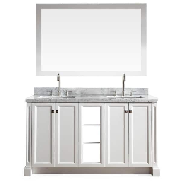 ARIEL Westwood 61 in. W x 22 in. D x 36 in. H Bath Vanity in White with Carrara White Marble Top and Mirror