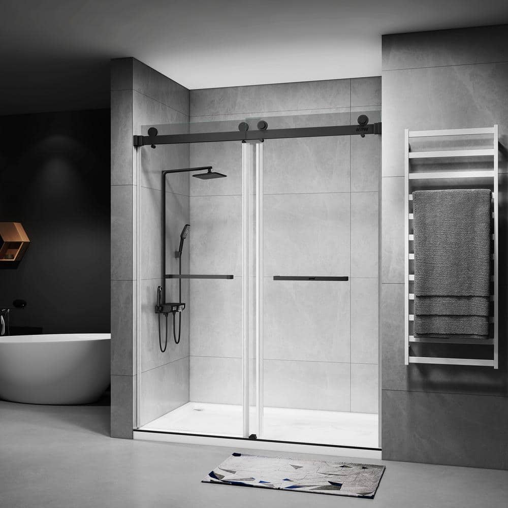 Getpro 60 In W X 76 In H Double Sliding Frameless Shower Door In Matte Black Finish With Clear