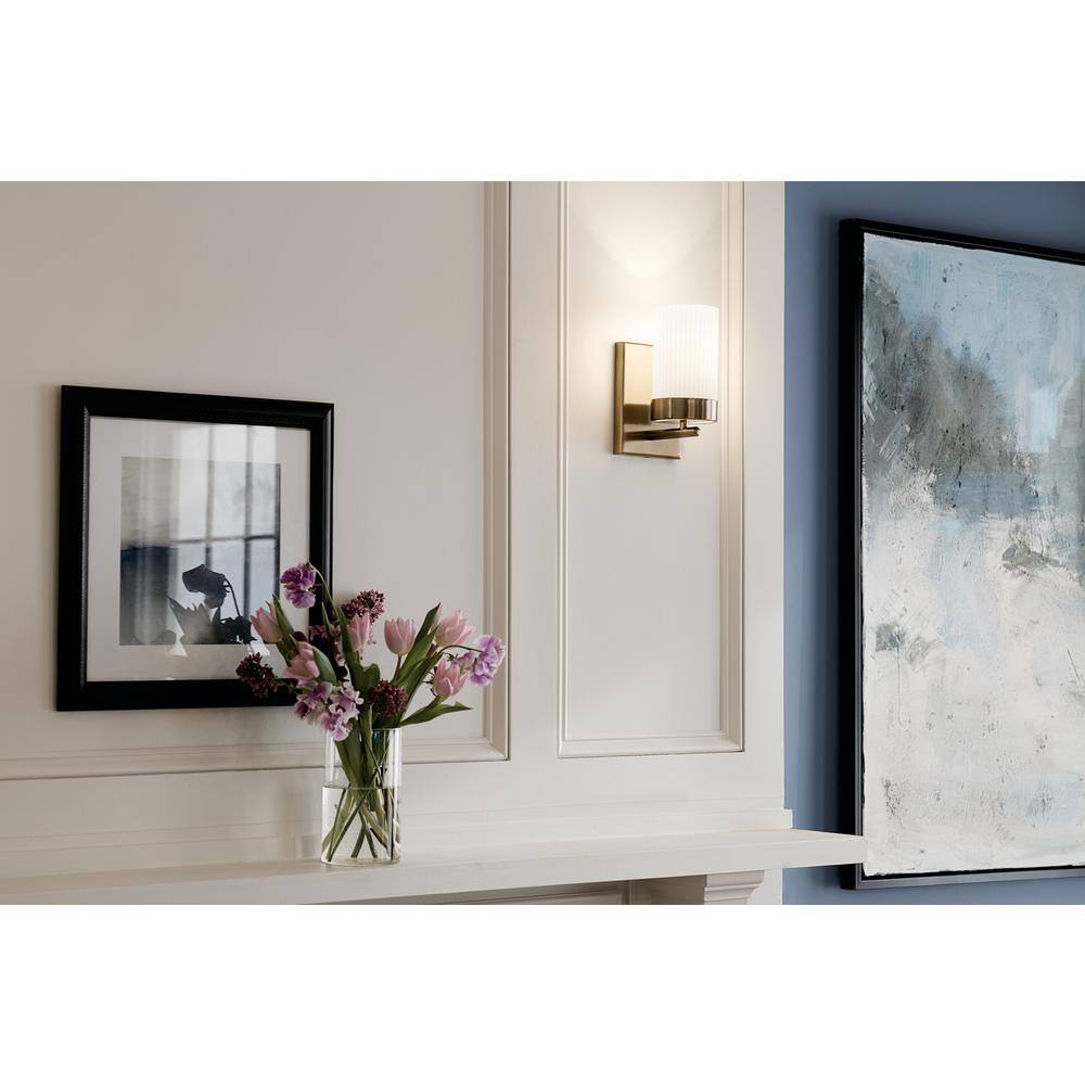 Brushed Natural Brass Dimmable Wall Sconce with Opal Glass
