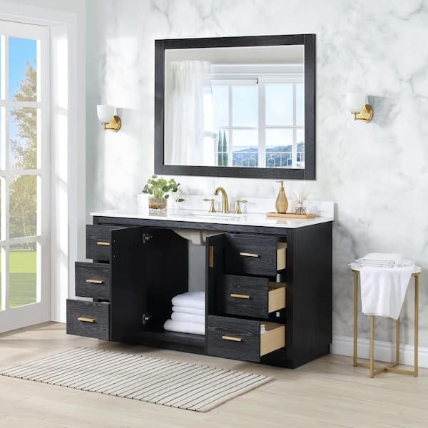 Gazsi 60S in.W x 22 in.D x 34 in.H Bath Vanity in Black Oak with Grain White Composite Stone Top and Mirror