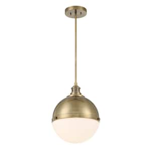 Vorey 100-Watt 1-Light Oxidized Aged Brass Shaded Pendant Light with Etched Opal Glass Shade and No Bulbs Included