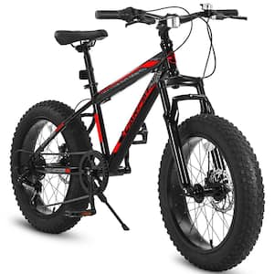 20 in. Fat Tire Black and Red Mountain Bike Ages 8-12 Year Old, 7-Speed Teenager Kids Bicycles