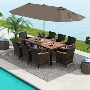 Brown 11-Piece Metal Rectangle 29 in. Outdoor Dining Set with 15 ft. Coffee Double-Sided Patio Umbrella in Beige Cushion