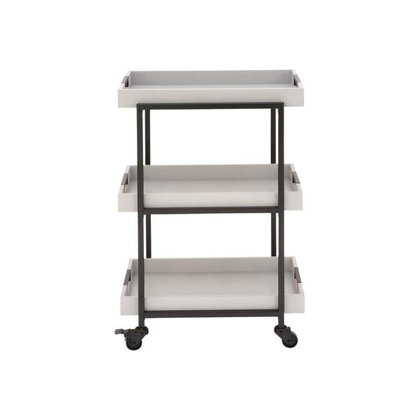 Litton Lane 3-Tiered Iron and Wood Rectangular Tray Wheeled Bar Cart in Metallic Black and White