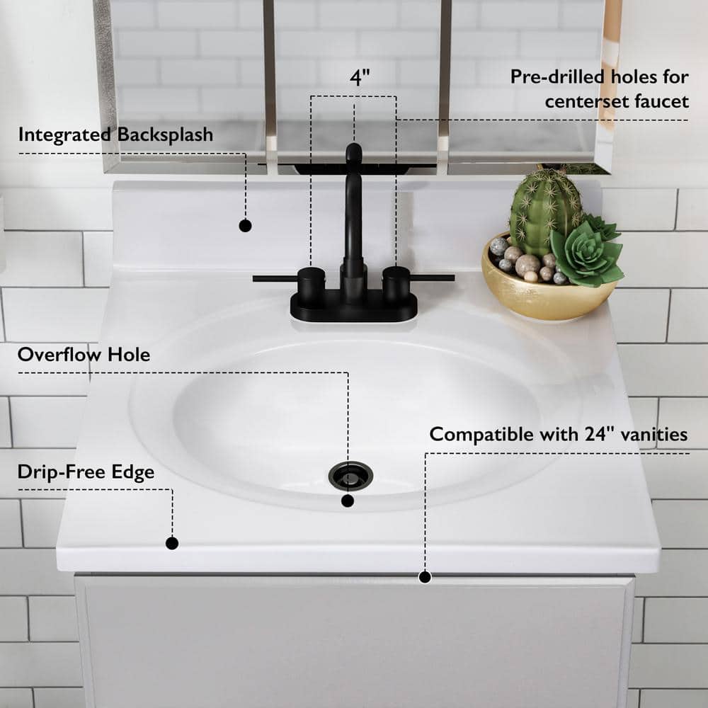 Solid White Cultured Marble Vanity Top with Integrated Oval Bowl, 25-inch