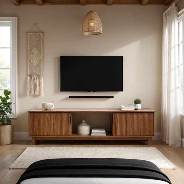 Walker Edison Furniture Company 58 in. Mid-Century Modern Mocha Wood TV Stand with 2 Reeded Doors (Max TV Size 65 in.)