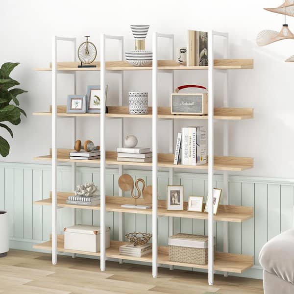 White and Oak 70.87 in. Tall 5 Tier Vintage Industrial Style Open Bookcase