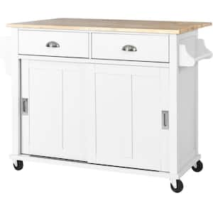 White MDF Kitchen Cart with 4 Wheels, 2-Drawers and 2 Barn Doors 52.2 in. x 30.5 in. x 36.6 in.