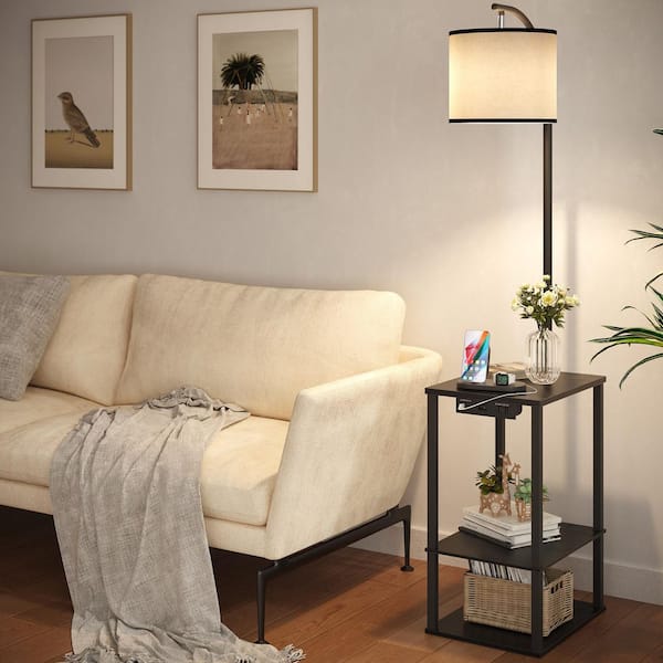59 in. Black Arc Floor Lamp with Table, End Table for Living Room, with Charging Station(USB & AC Port) and LED Bulb