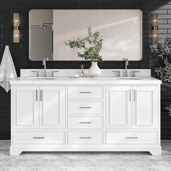 ARIEL Stafford 72 in. W x 22 in. D x 36 in. H Double Sink Freestanding Bath Vanity in White with Carrara White Quartz Top