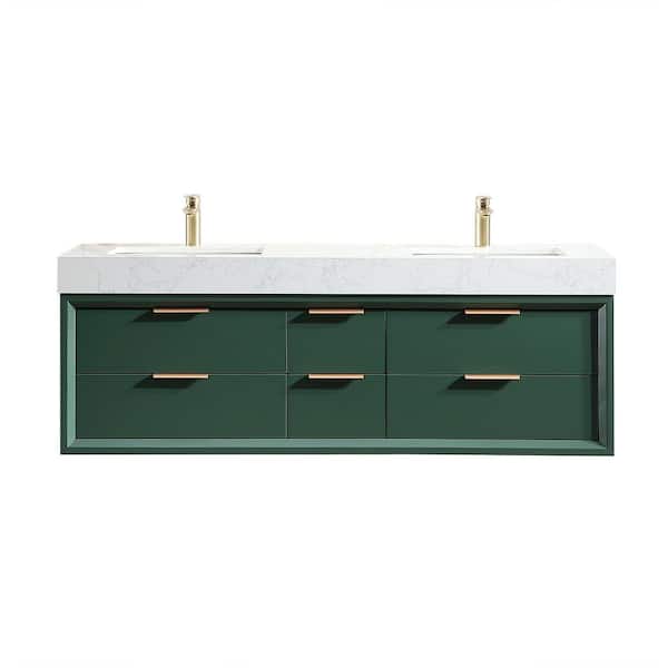 Xspracer Moray 60 in. W x 20.7 in. D x 21 in. H Double Sinks Floating Bath Vanity in Green with White Engineer Marble Countertop