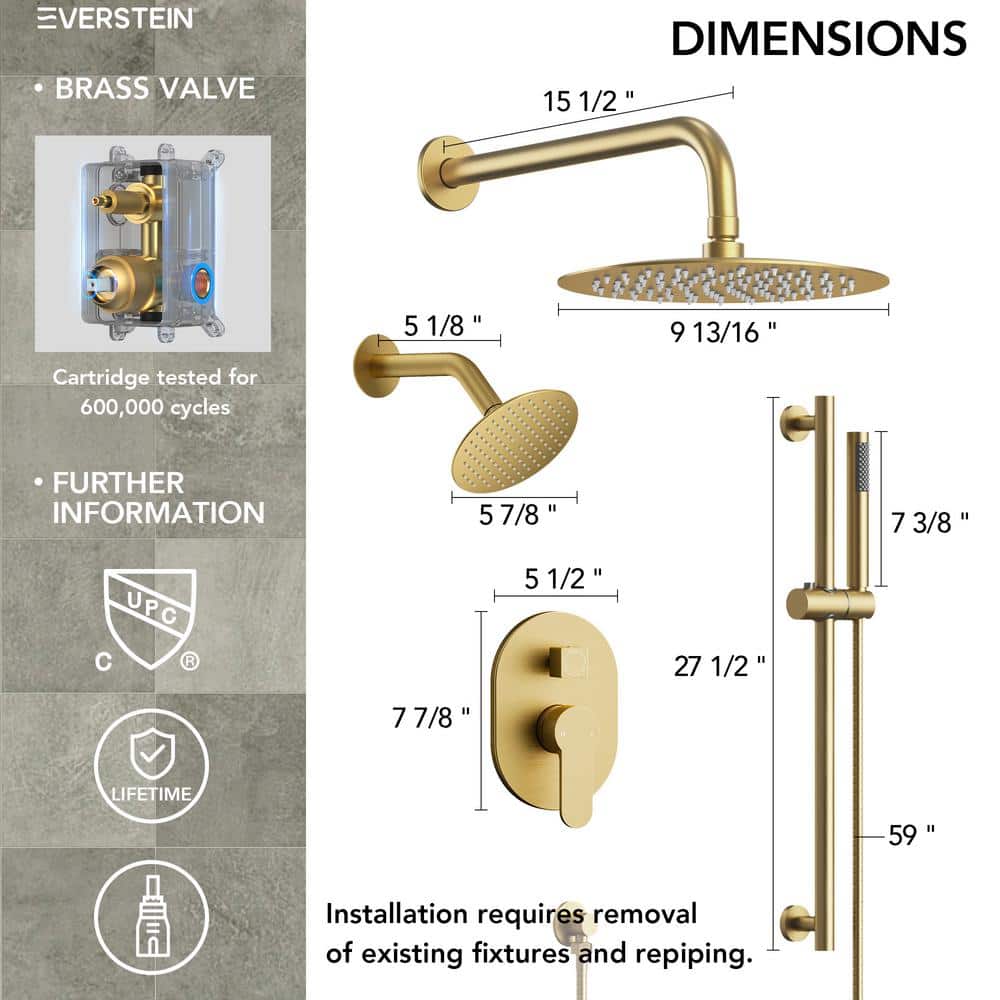 Brushed Gold Dual Head Stainless Steel Shower System with Handheld