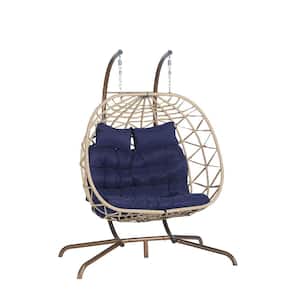 Modern Metal Large Light Yellow Ratten Double Seat Patio Swing Egg Chair with Blue Cushions
