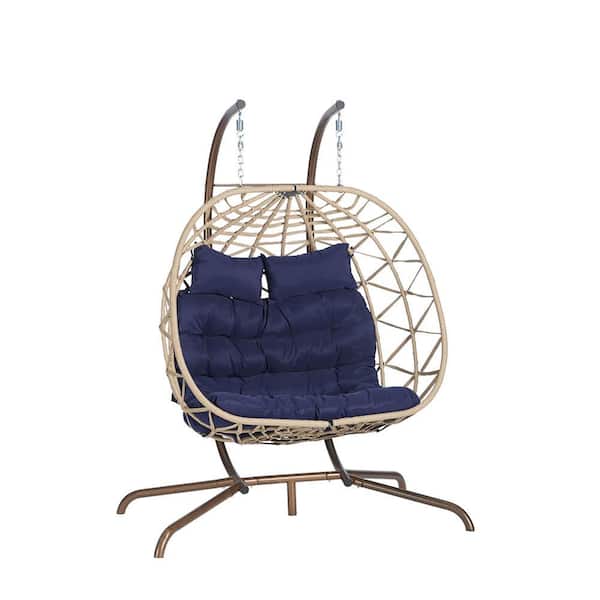 Sudzendf Modern Metal Large Light Yellow Ratten Double Seat Patio Swing Egg Chair with Blue Cushions