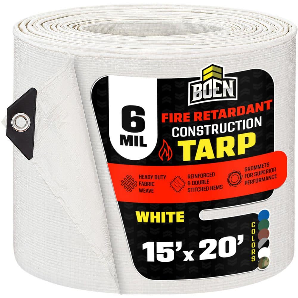 BOEN 15 ft. x 20 ft. Commercial White Tarp Cover 8 Mil Thick Weave