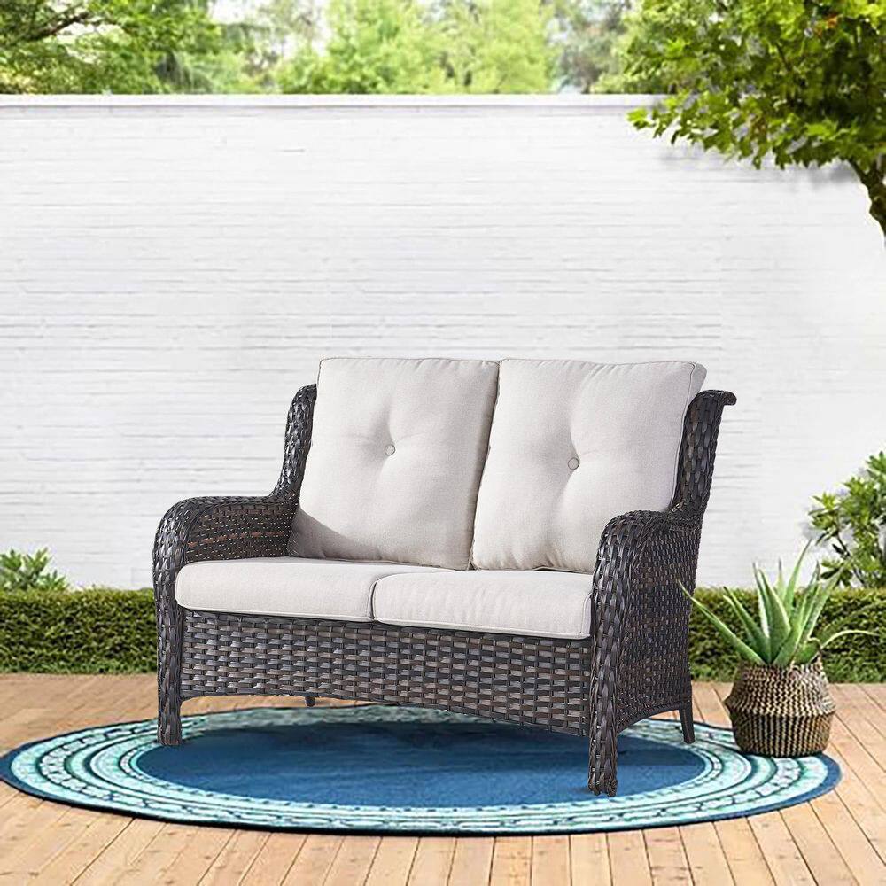 Gymojoy Carolina Brown Wicker Outdoor Loveseat with CushionGuard Beige Cushions