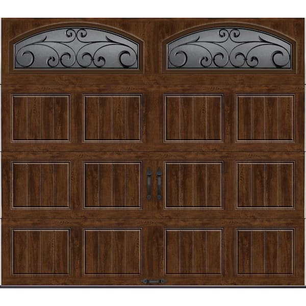 Clopay Gallery Steel Short Panel 8 ft x 7 ft Insulated 6.5 R-Value Wood Look Walnut Garage Door with Decorative Windows