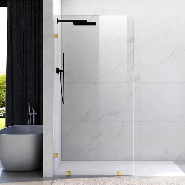 UKH07B2 42 in. W x 80 in. H Frameless Fixed Shower Door Panel in Satin Brass, SGCC 3/8 in. Clear Tempered Glass