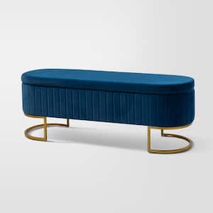 Olga Navy 50 in. Wide Modern Upholstered Storage Bench with Golden Metal Sled Legs