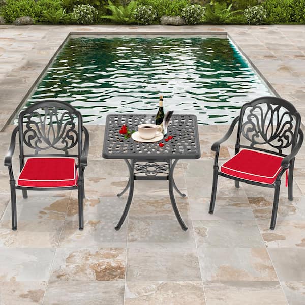 Runesay 3-Piece Set of Cast Aluminum Patio Outdoor Dining Set with Random Colors Cushions and Black Frame