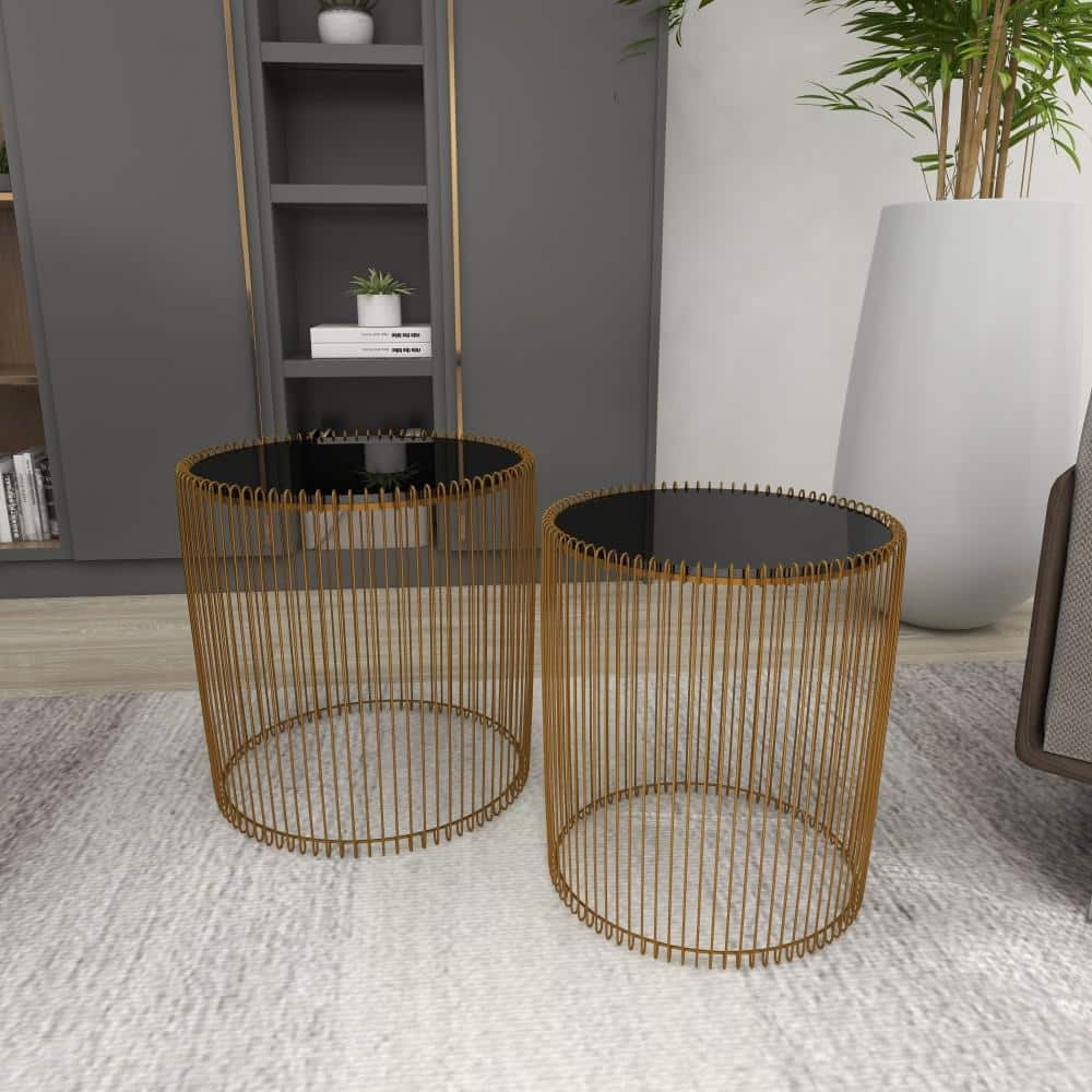 Elegant Gold Metal and Black Glass Round Accent Table Set