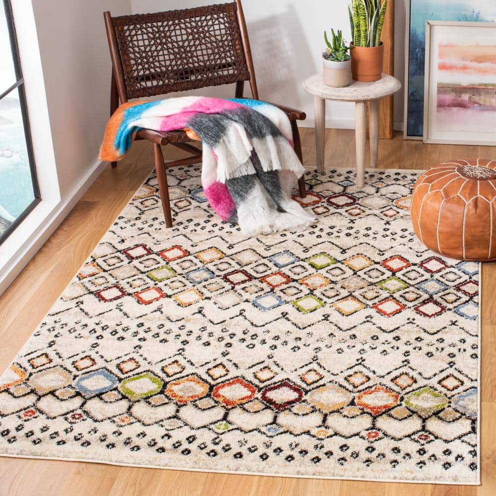 Ivory and Multicolor Synthetic Square Area Rug, 4' x 4'